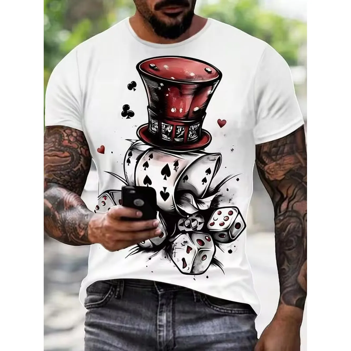 Themed Playing Card - تي شيرت رجالي بتصميم ثلاثي الأبعاد